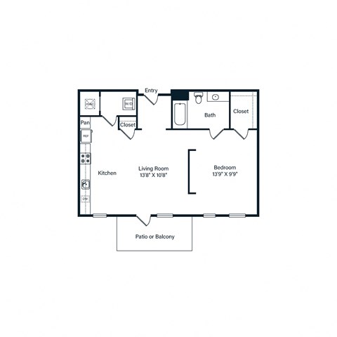 Floor plan for studio, 1 bath, 609 sqft